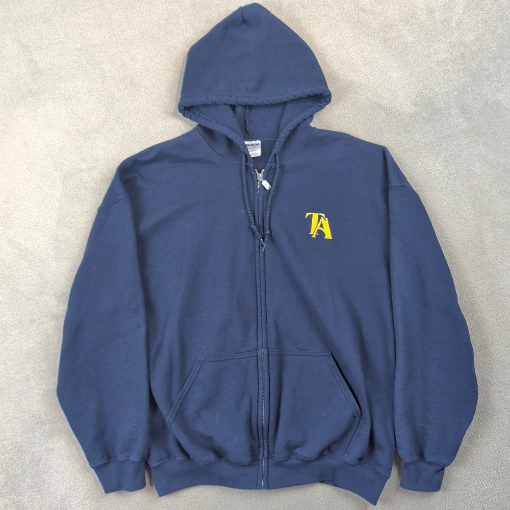 Gildan Zip Up Hoodie Mens XL Navy Blue TA Embroidered Heavy Blend Sweatshirt